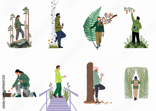 Set of flat illustrations featuring diverse people enjoying various outdoor activities in nature like hiking, birdwatching, and foraging in the forest.