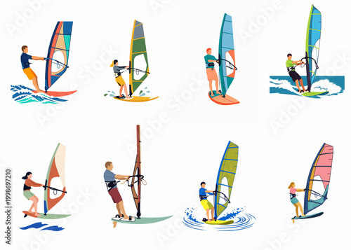 Set of Windsurfing Illustrations Featuring Various Men and Women Windsurfers with Colorful Sails on Boards in Flat Vector Style.