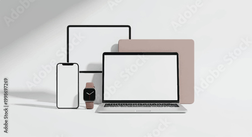 Collection of modern electronic devices - laptop tablet smartphone smartwatch with technology electronic smartphone smartwatch communication