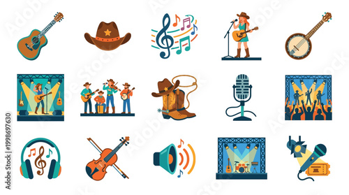 A vibrant collection of country music icons, featuring instruments, performers, and stage elements, perfect for graphic design and thematic content.