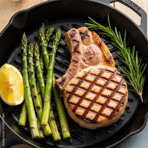 Grilled Pork Chop with Asparagus and Lemon on Cast Iron Skillet.