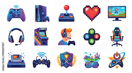 A vibrant collection of gaming icons, featuring consoles, controllers, headsets, arcade machines, and virtual reality gear, representing the diverse world of video games.
