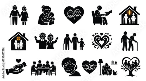 Collection of black and white icons representing family, care, and aging, including seniors, children, and homes.