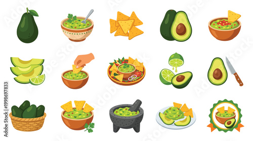 A vibrant collection of fresh avocados and delicious guacamole dishes, showcasing various preparations and serving styles.