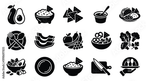 A collection of black and white icons representing various food items and dining elements, including avocados, guacamole, nachos, tacos, fruits, salads, and cutlery.