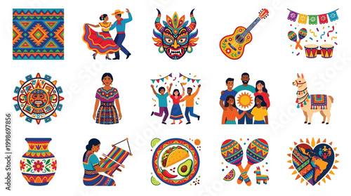 Vibrant collection of Mexican cultural icons and symbols, including traditional clothing, musical instruments, food, and festive decorations.