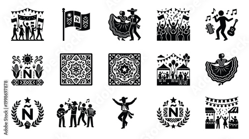 Collection of Mexican cultural icons depicting celebrations, traditional clothing, music, and festive gatherings.