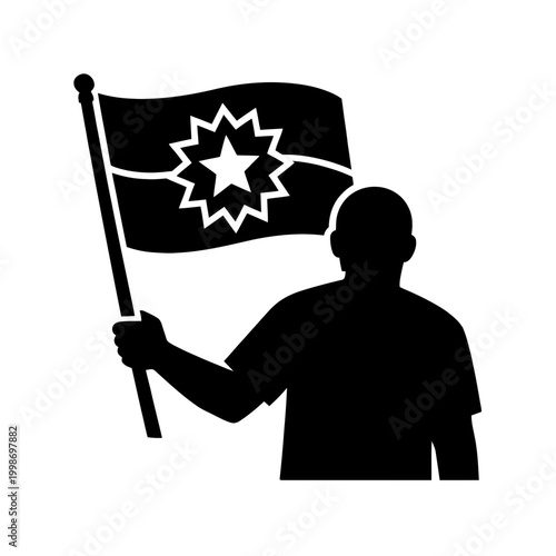 A minimalist 2D illustration of a faceless silhouette turned away while holding a symbolic Juneteenth flag featuring a star emblem