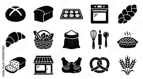 A collection of black and white icons representing various baked goods, baking tools, and a bakery storefront, illustrating the art of baking.