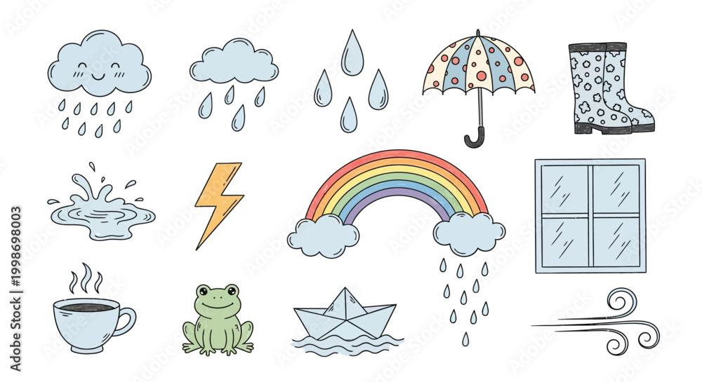 Fototapeta premium A whimsical collection of hand-drawn weather-related icons and illustrations, including clouds, rain, a rainbow, and a frog.