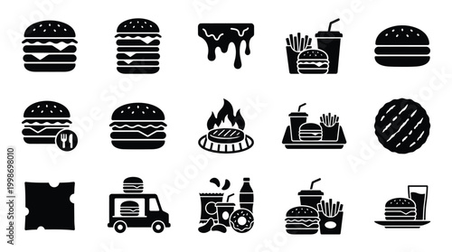 A collection of black and white icons representing various aspects of fast food, including burgers, fries, drinks, and food trucks.