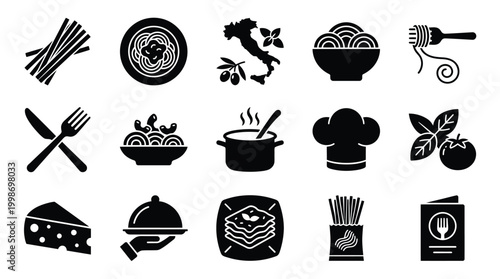 A collection of black and white icons representing Italian food and cuisine, including pasta, cheese, and cooking elements.