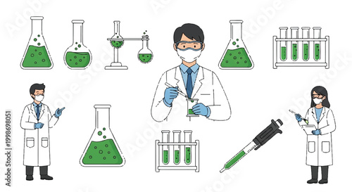 Scientists in laboratory conducting experiments with glassware and beakers test tubes lab coats health care laboratory equipment drug development