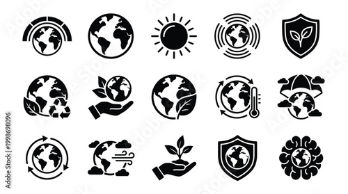 Collection of Earth and environmental protection icons, including recycling, global warming, and sustainable growth symbols.