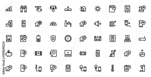 Smart home icon set. Minimal line vector icons pack. Includes symbols for analytics, energy, CCTV, lights, robot vacuum, control, dishwasher, remote, appliances, security and more. Editable stroke.