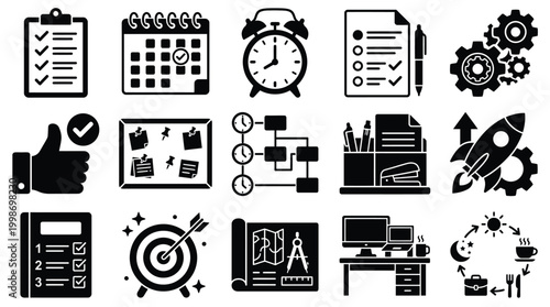 Collection of business and project management icons representing planning, organization, and productivity.