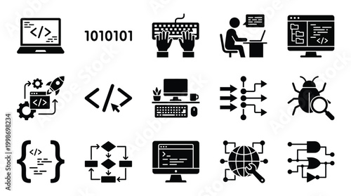 Collection of icons representing programming, coding, software development, and debugging processes.