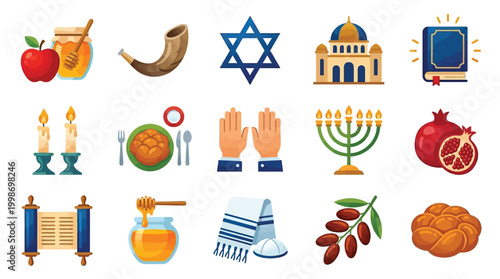 A vibrant collection of Jewish cultural and religious symbols, including a Torah scroll, menorah, shofar, and challah bread.
