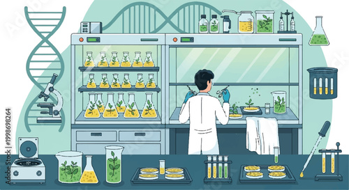 Laboratory interior with DNA strands scientific equipment and a researcher test tubes molecular biology scientist at work lab coat research faci