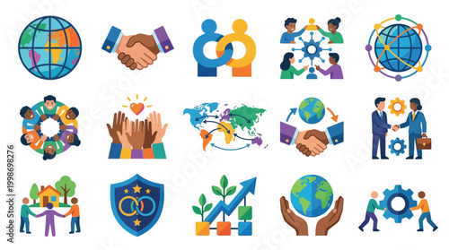 A collection of diverse icons representing global cooperation, partnership, community, and interconnectedness.