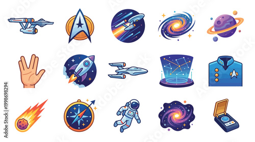A vibrant collection of science fiction and space exploration themed icons, featuring starships, planets, astronauts, and cosmic phenomena.