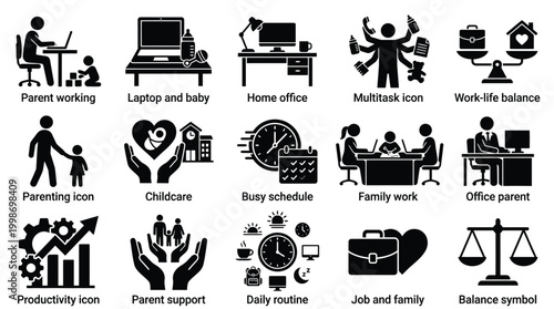 Collection of icons representing work-life balance, parenting, and productivity in a modern professional setting.