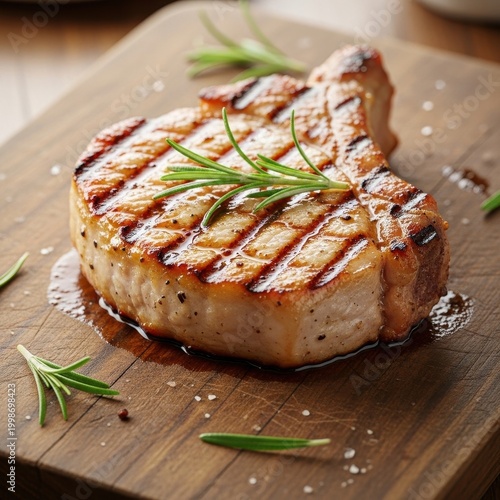 Grilled Pork Chop with Rosemary on Wooden Board.