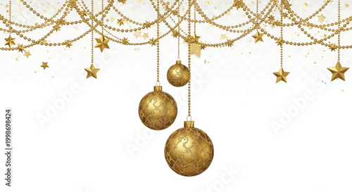 Festive golden christmas baubles and star garlands hanging against a white background with christmas decoration golden stars eve decoration