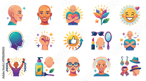Collection of diverse bald women and symbols representing strength, beauty, and self-acceptance.