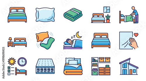 Collection of flat design icons representing various aspects of sleep, bedding, and bedroom comfort, including beds, pillows, mattresses, and sleeping figures.