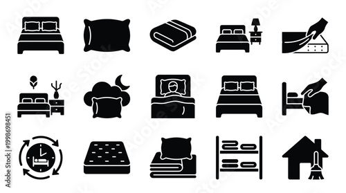Collection of black and white icons representing various aspects of sleep, bedding, and bedroom furniture, including beds, pillows, blankets, and mattresses.