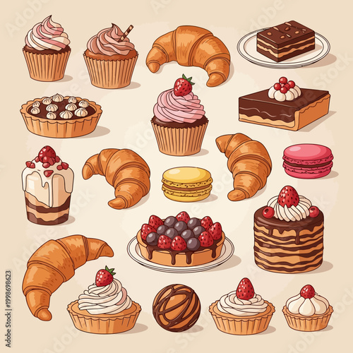Delicious assortment of baked goods, pastries, and desserts on a light background.