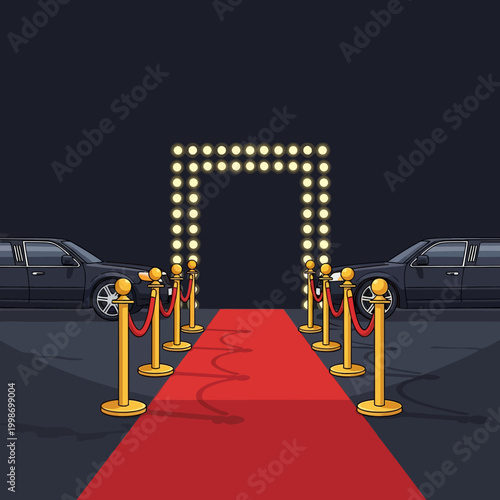 Red carpet entrance with velvet ropes, limousines, and bright lights for a special event.