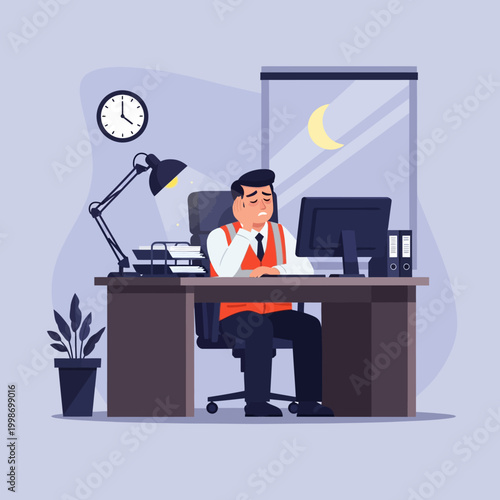 Tired office worker sitting at his desk working overtime at night.
