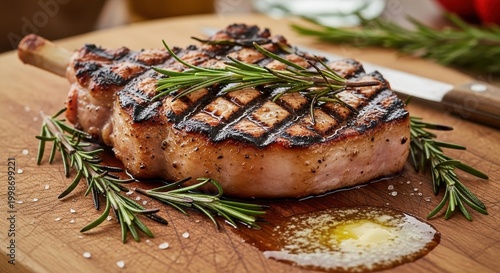 Grilled Pork Chop with Rosemary on Wooden Cutting Board.