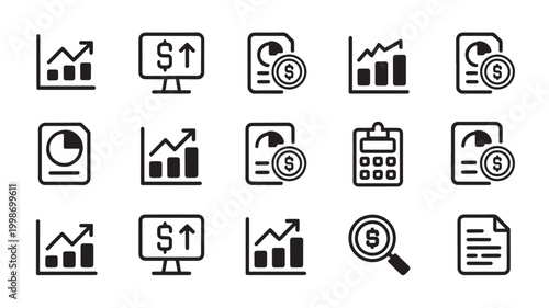 A collection of black outline representing financial growth, business reports, data analysis, currency, charts, graphs, calculators, and document management on a clean white background set
