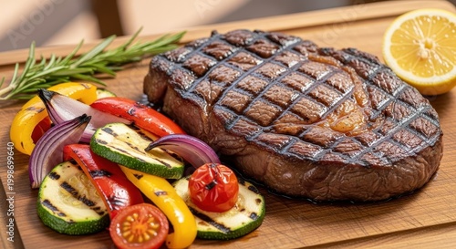 Grilled Steak and Vegetables on Wooden Cutting Board.