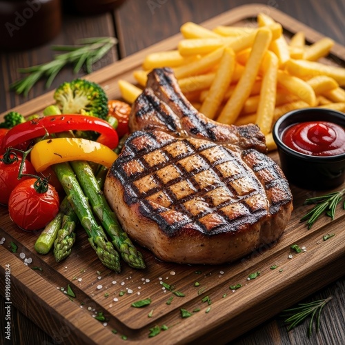Grilled Steak with Fries and Vegetables on Wooden Board.