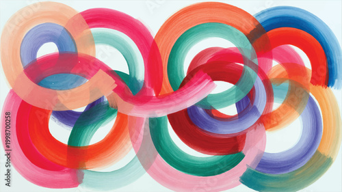 Artistic abstract painting with interconnected circular brushstrokes in a palette of orange, red, pink, teal, and blue, layered on a white background, to create a, sense of continuous, fluid motion