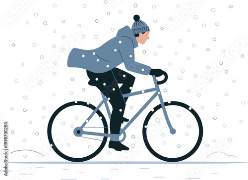 Person riding bicycle in the snow vector on white background.