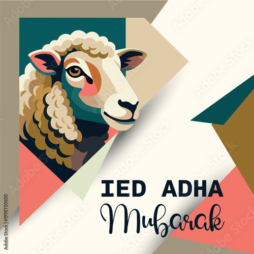 Stylized illustration of a sheep's head with geometric shapes and 'IED ADHA Mubarak' text, celebrating the Islamic festival.