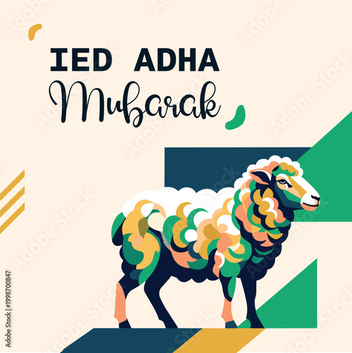 A vibrant illustration wishing 'IED ADHA Mubarak' with a colorful, stylized sheep on a light background featuring geometric shapes.