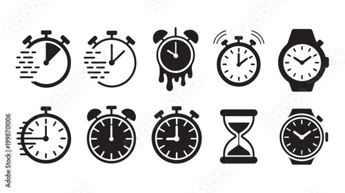 Set of ten black clock and time including stopwatches, alarm clocks, wristwatches, and an hourglass, flat symbols for time management, isolated on a white background, simple