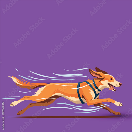 A dynamic illustration of a fast-running dog with motion blur on a vibrant purple background, showcasing speed and agility.