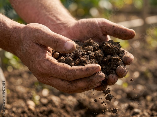 Hands releasing dark soil falling between fingers grounding