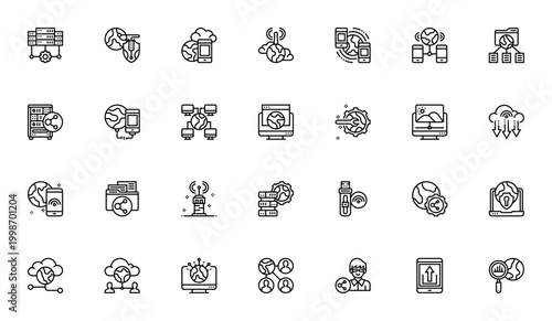 Network sharing icon set. Vector line icons pack for server, cloud, data, connection, security, upload, download, USB, WLAN, and social network. Editable stroke illustration.