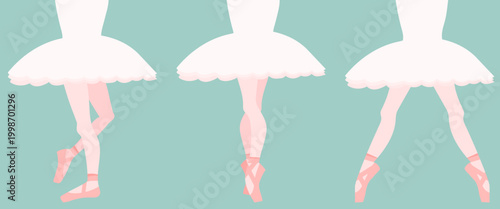 A set of three poses of a ballerina's feet in a tutu.