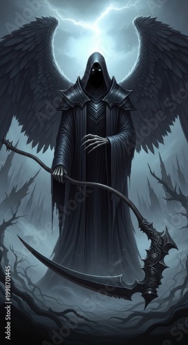 Grim Reaper with Scythe and Angelic Wings in Dark Scene.