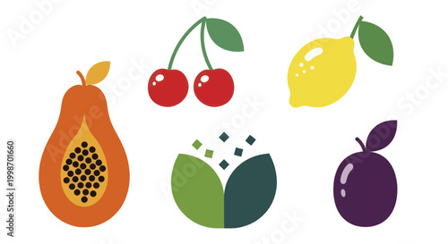 Vibrant Assortment of Fresh Fruits and Green Leaves Illustration.