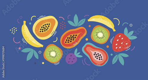 Vibrant Assortment of Fresh Tropical Fruits and Berries.